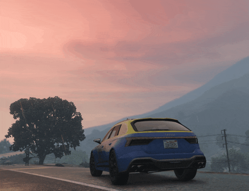 a blue and yellow car with a license plate that says texas on it