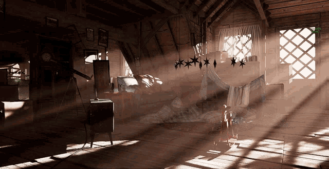 a room with a clock on the wall and a few stars hanging from the ceiling