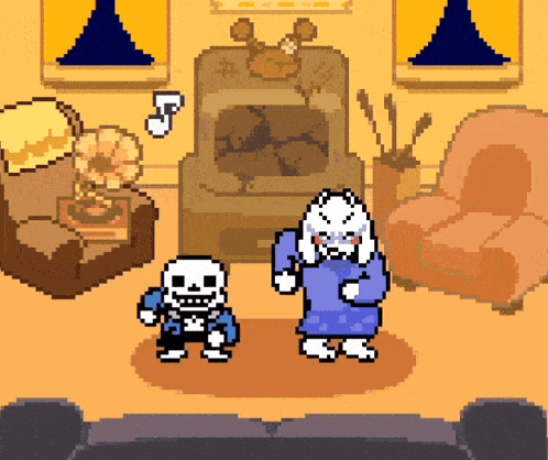 a pixel art drawing of a man and a woman dancing in a living room