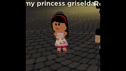 a cartoon girl in a pink dress is standing on a cobblestone floor .