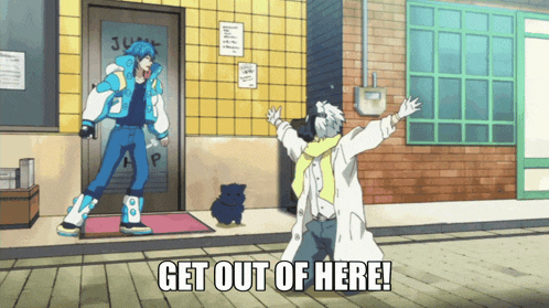 a cartoon character says get out of here in front of a store