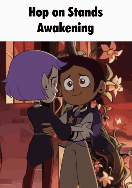 a couple of cartoon characters hugging with the words hop on stands awakening
