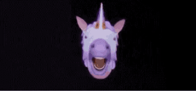 a purple unicorn with a rainbow horn is laughing with its mouth open .