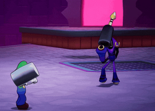 a video game character with a hammer on his head stands next to a purple monster