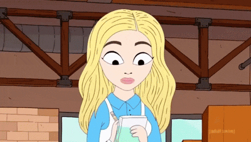 a cartoon of a girl with blonde hair holding a notebook and a pen
