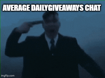 a man in a suit and tie is pointing a gun at his head with the caption average daily giveaways chat .