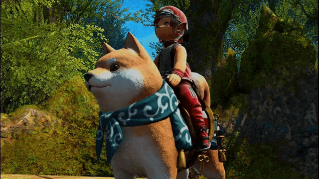 a child is riding on the back of a dog with a scarf around its neck