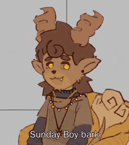 a drawing of a furry character sitting next to a dog with the words `` sunday boy bark '' written on it .