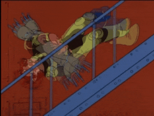 a cartoon character is upside down on a staircase