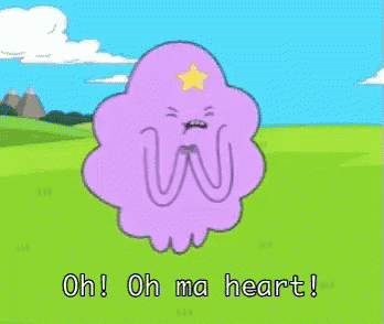 a cartoon character says oh ma heart in a green field