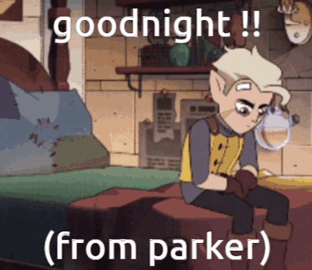 a cartoon character is sitting on a rock with the words goodnight from parker below him