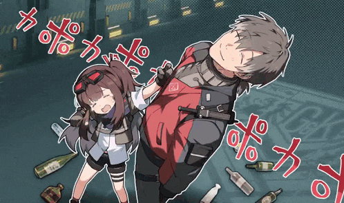 a man and a girl are standing next to each other with bottles of alcohol in the background and a sign that says coca cola
