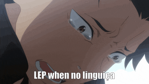 a close up of a person 's face with the words lep when no linguica