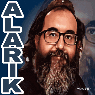a portrait of a man with glasses and a beard with the name clark written in white