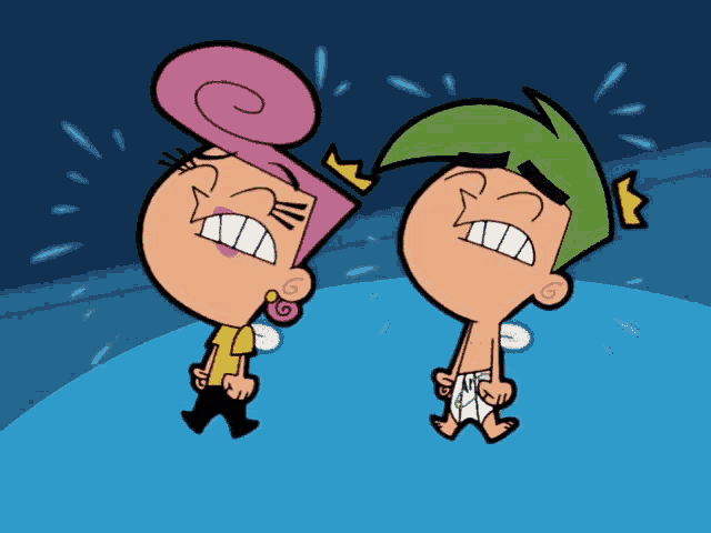 a couple of cartoon characters standing next to each other with their mouths open