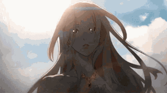 a girl with long hair is standing in front of a blue sky .