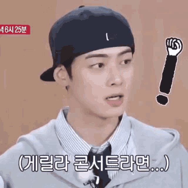 a man wearing a baseball cap and tie is making a funny face