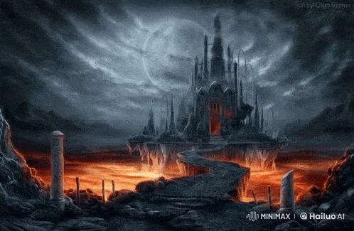 a painting of a castle in the middle of a volcano with the words minimax hailuo ai on the bottom