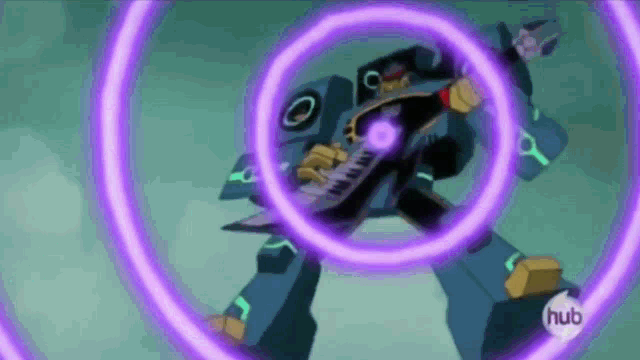 a robot is playing a guitar in a purple circle .