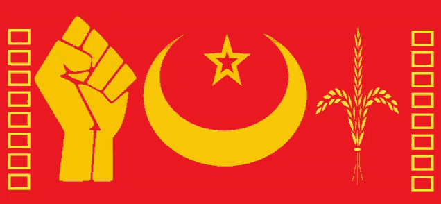 a red background with a yellow fist a yellow crescent moon and a star