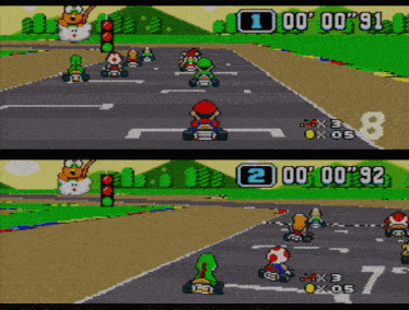 two screenshots of a video game showing mario and toad racing on a track