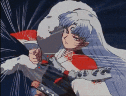 a cartoon character with long white hair and a red and white cape holds a fan