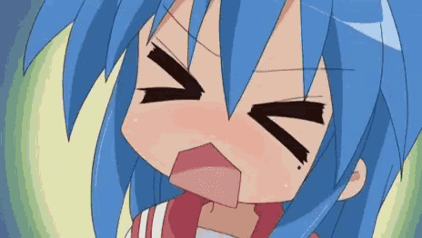 a close up of a cartoon character with blue hair and a surprised look on her face .