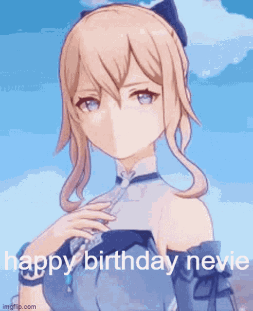 a girl in a blue dress with the words `` happy birthday nevie '' written on her face .