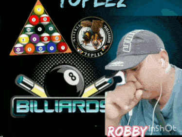 a man wearing ear buds looks at a pool table with the words billiards on the bottom