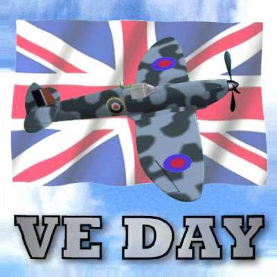 a plane is flying in front of a british flag with the words ve day below it