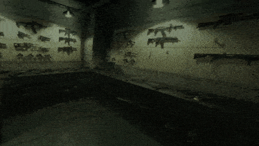 a room with a lot of guns on the wall and a person 's hand in the foreground