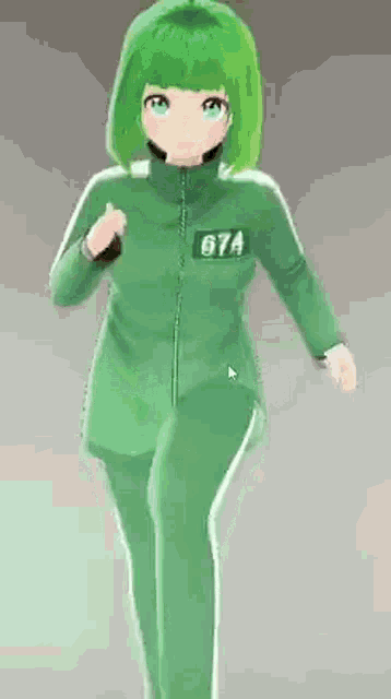 a girl with green hair is wearing a green jacket and pants with the number 674 on the front .