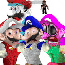 a group of cartoon characters including mario and luigi are standing next to each other with a roblox character in the background