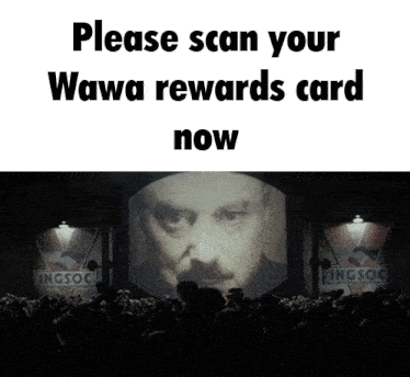 a sign that says please scan your wawa rewards card now on it