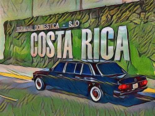 a painting of a car parked in front of a sign that says costa rica