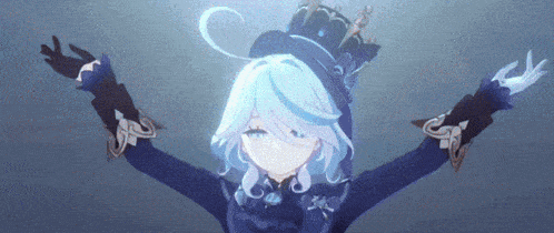 a girl with blue hair is wearing a top hat and gloves and has her arms outstretched .