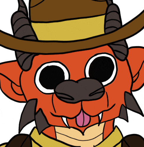 a cartoon drawing of a dragon wearing a cowboy hat and scarf