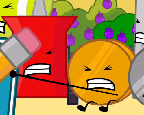 a cartoon drawing of a pencil eraser and a circle with arms and legs