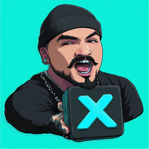 a cartoon of a man with a beard holding a block with the letter x on it