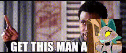 a man is pointing at a picture of a robot and the words `` get this man a ''