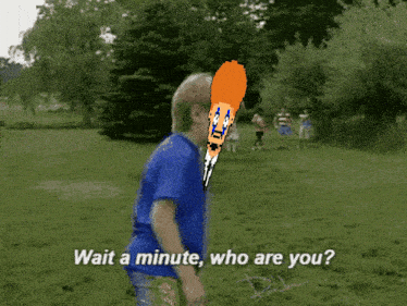a boy in a blue shirt says wait a minute who are you in a park