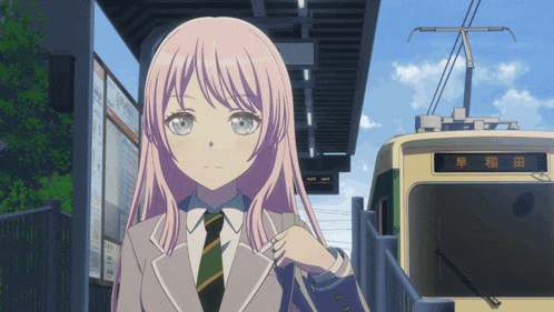 a girl with pink hair is standing in front of a bus that says ' early ' on it