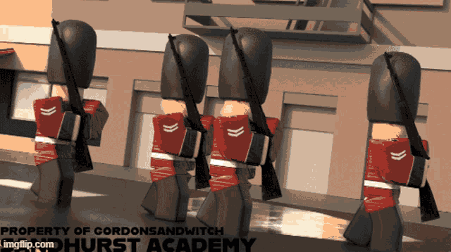 a group of toy soldiers are walking down a street with the words " property of gordonsandwich " below them