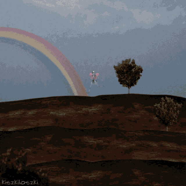 a drawing of a skeleton standing in front of a rainbow with kiszkiloszki written below it