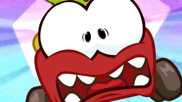 a cartoon character with a red face and a green crown