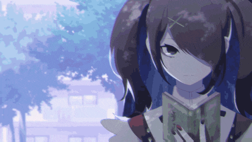 a girl with pigtails is reading a book with a cross on her head