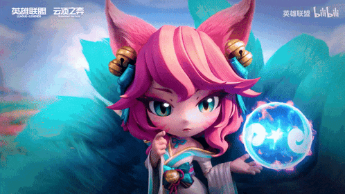 a girl with pink hair and blue eyes is holding a blue sphere with a star in it