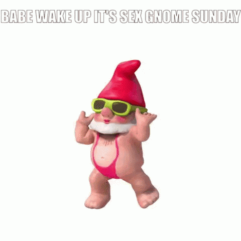 a cartoon gnome wearing sunglasses and a pink bikini is dancing .