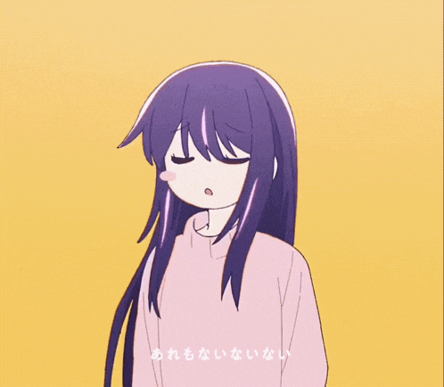 a drawing of a girl with purple hair and a yellow background with chinese writing on it