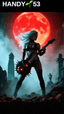 a woman is playing a guitar in front of a full moon and the words handy 53